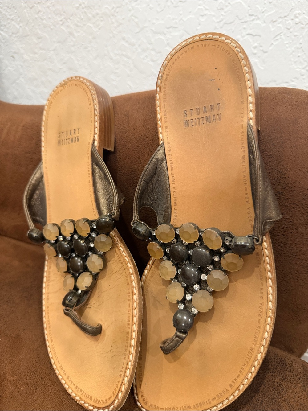 Stuart Weitzman Brown Leather Jeweled Thong Sandals